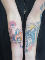 two forearm tattoo concept , aquarellstyle, wolf and fox, naturetattoo